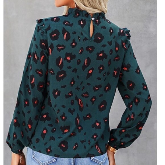 𝅺WOMEN'S Green and Pink Leopard Ruffled Blouse - Picture 5 of 5